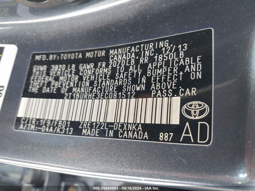 2014 Toyota Corolla Le Plus VIN: 2T1BURHE3EC081512 Lot: 39450983
