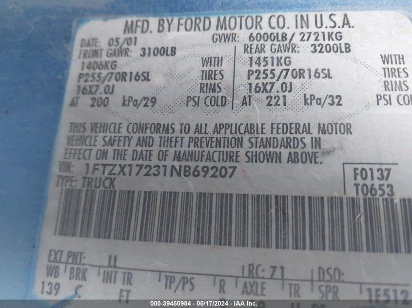 2001 Ford F-150 Xl/Xlt VIN: 1FTZX17231NB69207 Lot: 39450984