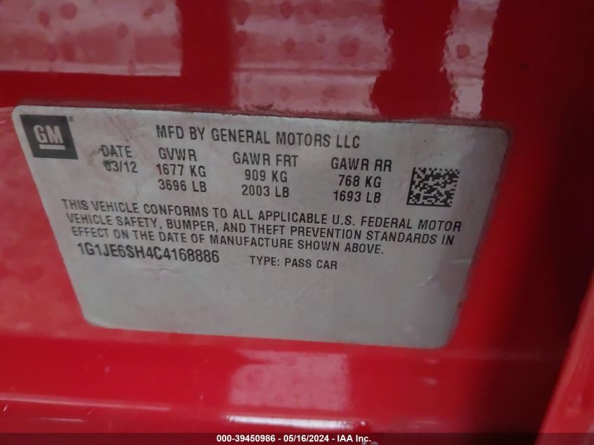 2012 Chevrolet Sonic 2Lz VIN: 1G1JE6SH4C4168886 Lot: 39450986