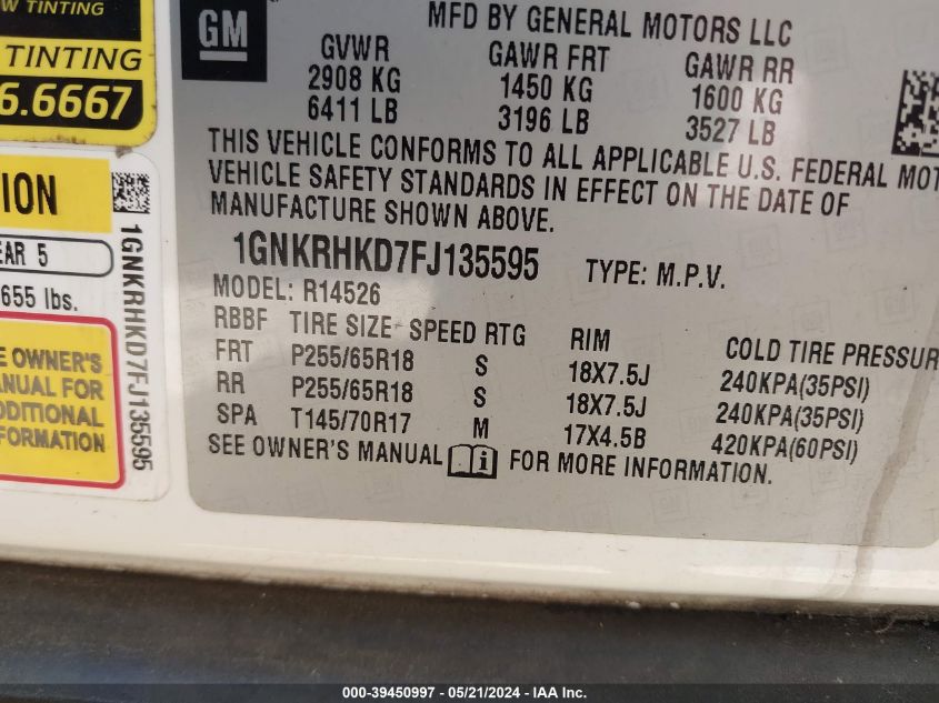 2015 Chevrolet Traverse 2Lt VIN: 1GNKRHKD7FJ135595 Lot: 39450997