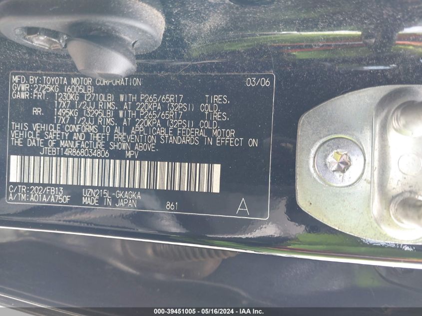 2006 Toyota 4Runner Sr5 Sport V8 VIN: JTEBT14R868034806 Lot: 39451005