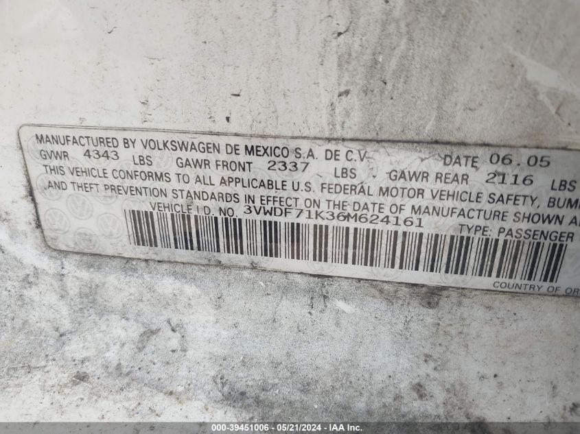 2006 Volkswagen Jetta 2.5 VIN: 3VWDF71K36M624161 Lot: 39451006