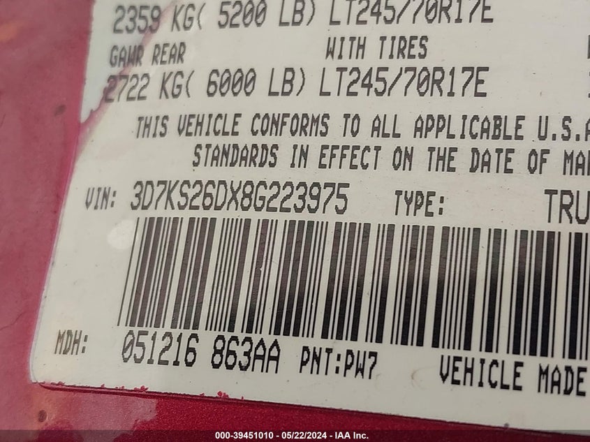 2008 Dodge Ram 2500 St/Sxt VIN: 3D7KS26DX8G223975 Lot: 39451010