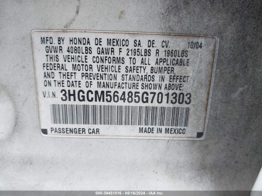 2005 Honda Accord 2.4 Lx VIN: 3HGCM56485G701303 Lot: 39451016