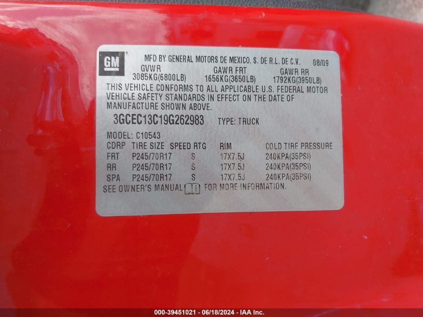 2009 Chevrolet Silverado 1500 Ls VIN: 3GCEC13C19G262983 Lot: 39451021