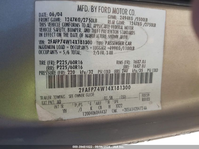 2004 Ford Crown Victoria Lx VIN: 2FAFP74W14X181300 Lot: 39451022