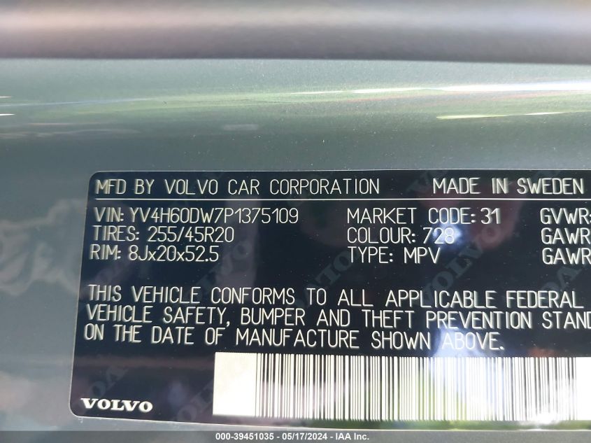 2023 Volvo Xc60 Recharge Plug-In Hybrid T8 Plus Dark Theme VIN: YV4H60DW7P1375109 Lot: 39451035