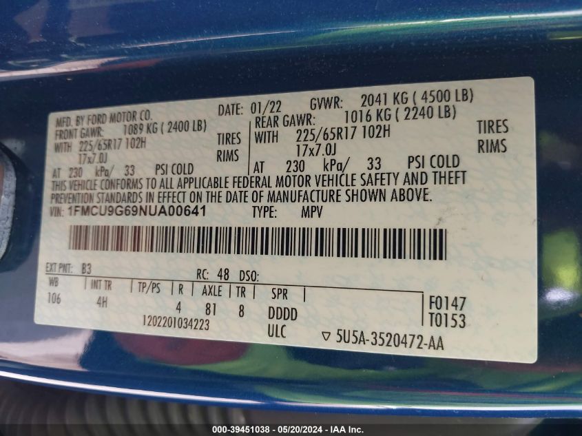 2022 Ford Escape Se VIN: 1FMCU9G69NUA00641 Lot: 39451038