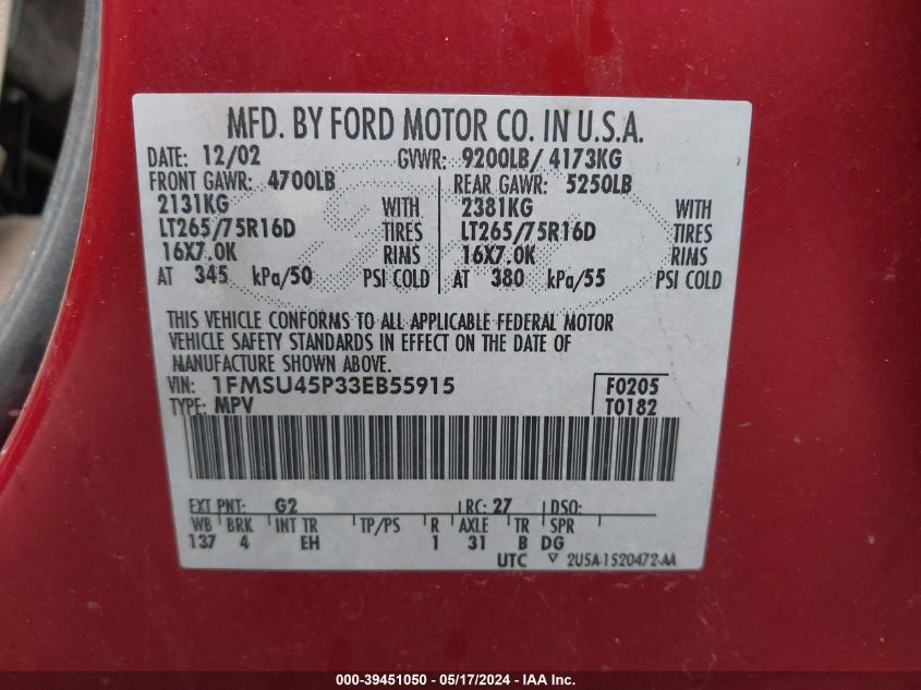 2003 Ford Excursion Eddie Bauer VIN: 1FMSU45P33EB55915 Lot: 39451050