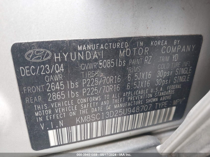 2005 Hyundai Santa Fe Gls VIN: KM8SC13D25U948707 Lot: 39451059