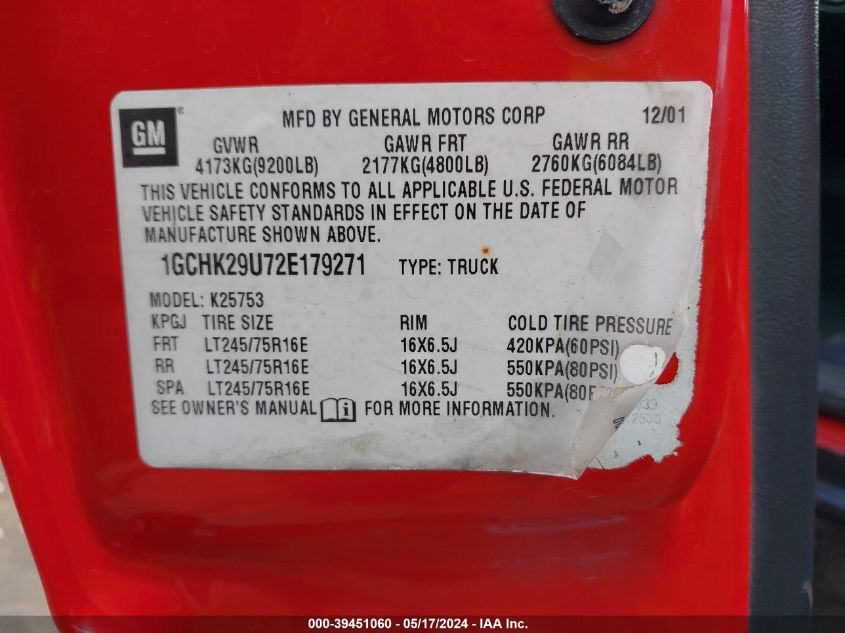 2002 Chevrolet Silverado 2500Hd Ls VIN: 1GCHK29U72E179271 Lot: 39451060
