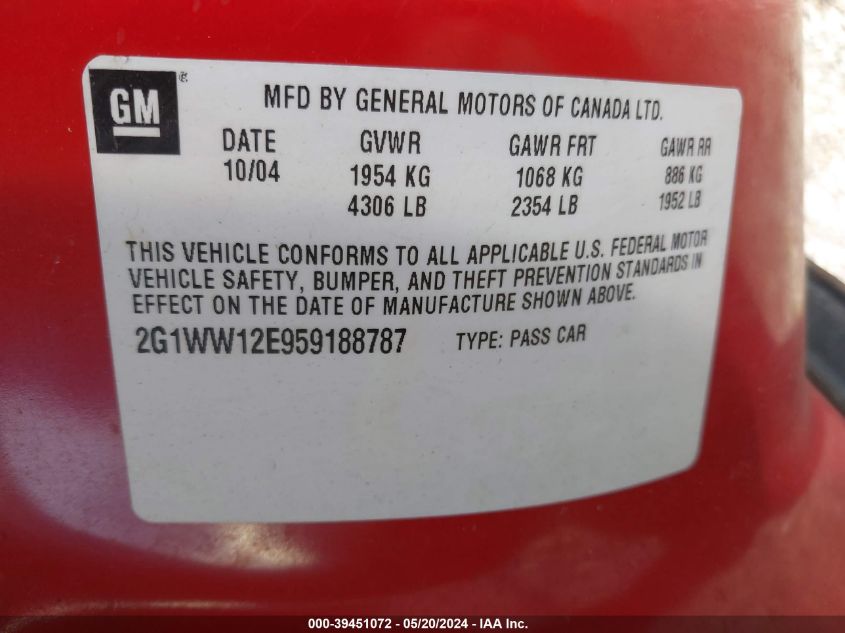 2005 Chevrolet Monte Carlo Ls VIN: 2G1WW12E959188787 Lot: 39451072