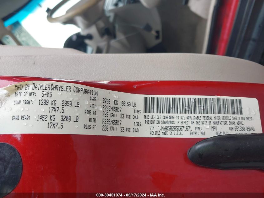 2005 Jeep Grand Cherokee Limited VIN: 1J4HR58285C671671 Lot: 39451074