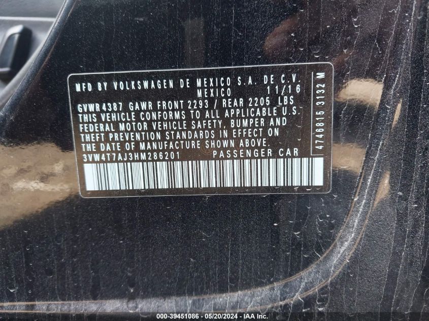 2017 Volkswagen Jetta Gli VIN: 3VW4T7AJ3HM286201 Lot: 39451086
