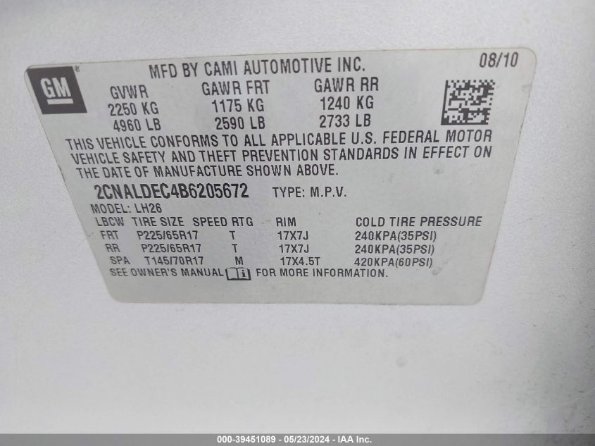 2011 Chevrolet Equinox 1Lt VIN: 2CNALDEC4B6205672 Lot: 39451089