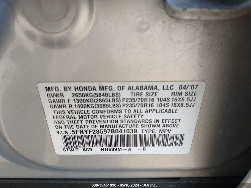 2007 Honda Pilot Ex-L VIN: 5FNYF28597B041039 Lot: 39451090