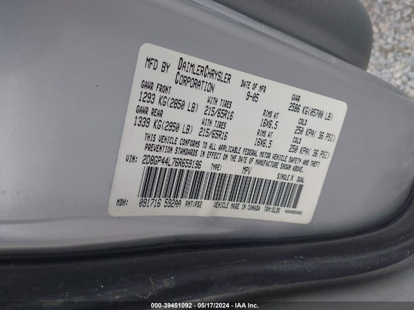 2006 Dodge Grand Caravan Sxt VIN: 2D8GP44L76R659196 Lot: 39451092