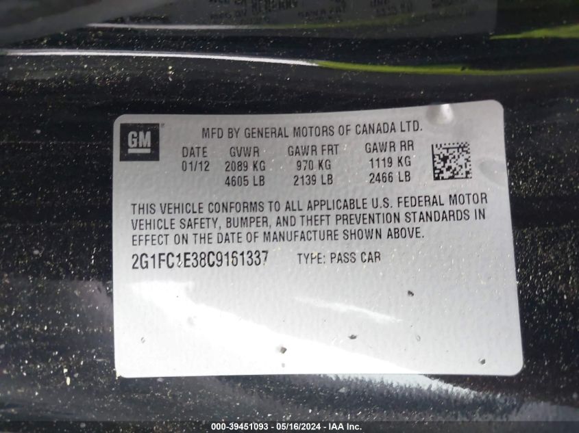 2012 Chevrolet Camaro 2Lt VIN: 2G1FC1E38C9161337 Lot: 39451093