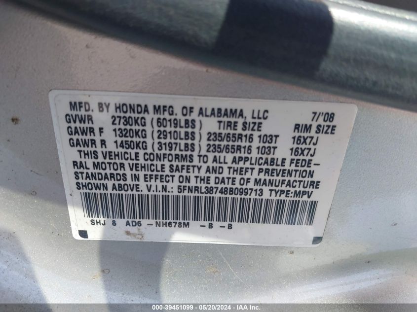 2008 Honda Odyssey Ex-L VIN: 5FNRL38748B099713 Lot: 39451099