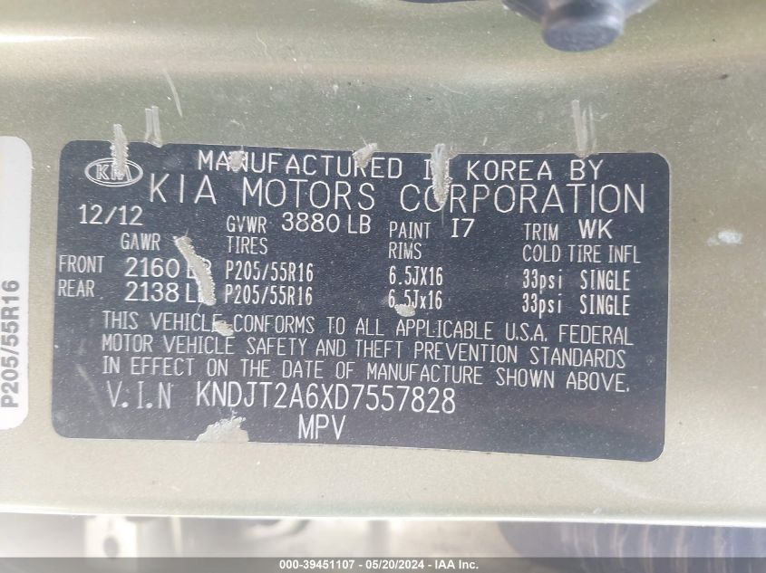 2013 Kia Soul + VIN: KNDJT2A6XD7557828 Lot: 39451107