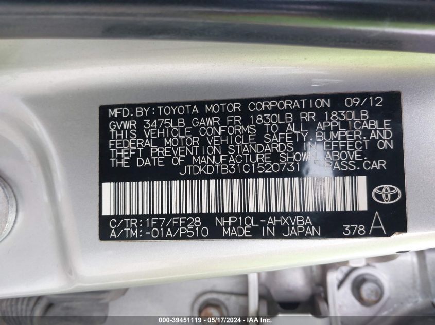 2012 Toyota Prius C Two VIN: JTDKDTB31C1520731 Lot: 39451119