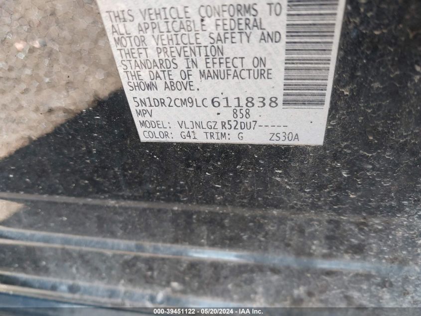 2020 Nissan Pathfinder Sl 4Wd VIN: 5N1DR2CM9LC611838 Lot: 39451122