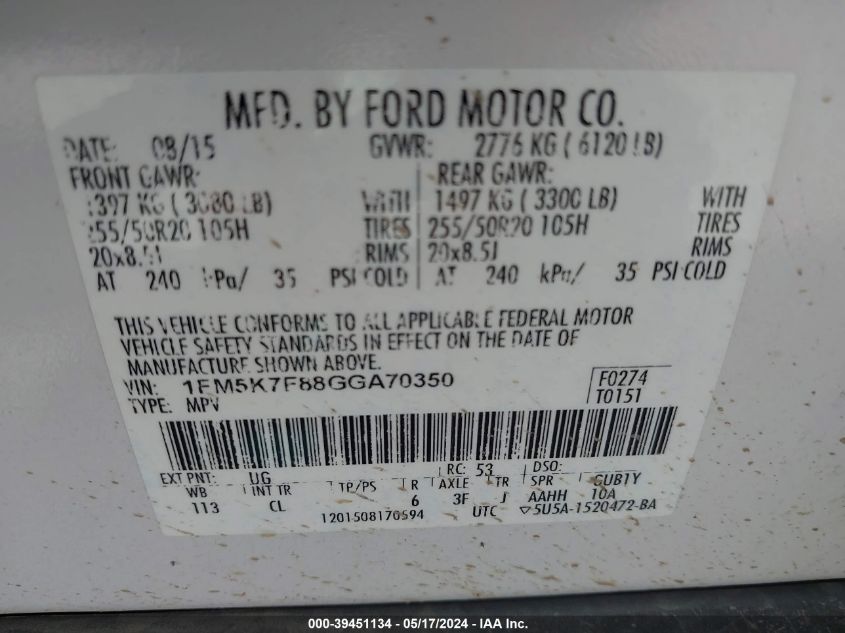 2016 Ford Explorer Limited VIN: 1FM5K7F88GGA70350 Lot: 39451134