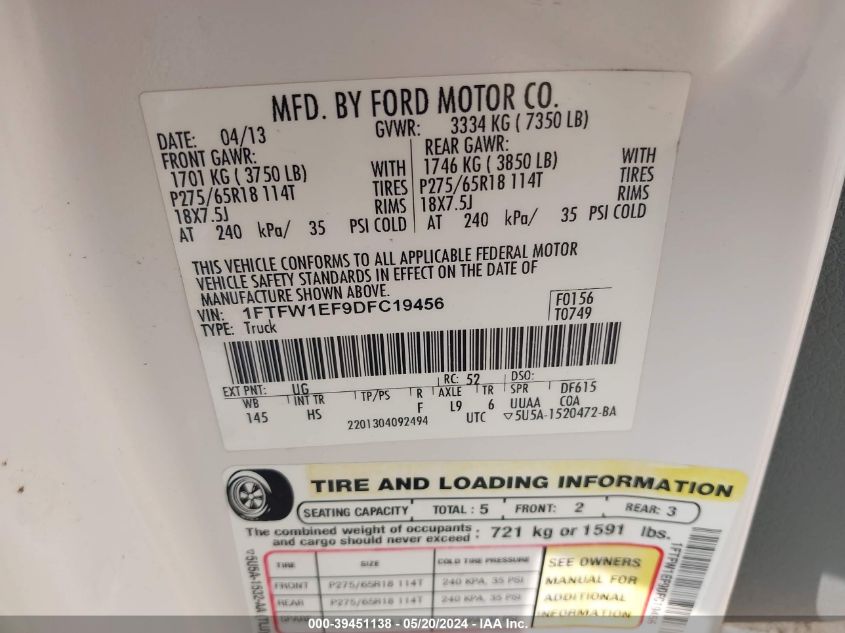 2013 Ford F-150 Lariat VIN: 1FTFW1EF9DFC19456 Lot: 39451138