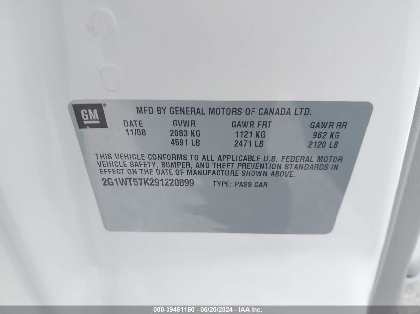 2009 Chevrolet Impala Lt VIN: 2G1WT57K291220899 Lot: 39451150