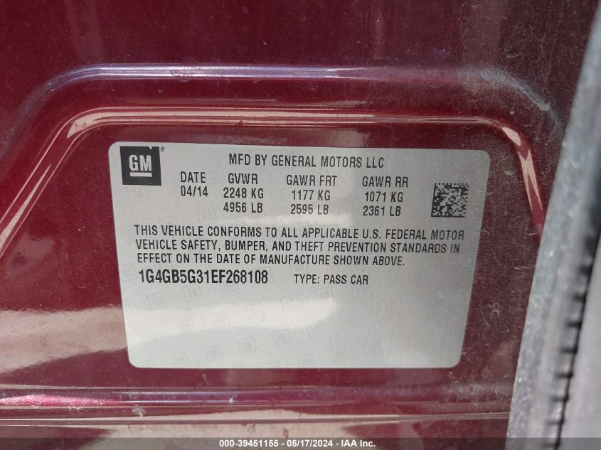2014 Buick Lacrosse Leather Group VIN: 1G4GB5G31EF268108 Lot: 39451155