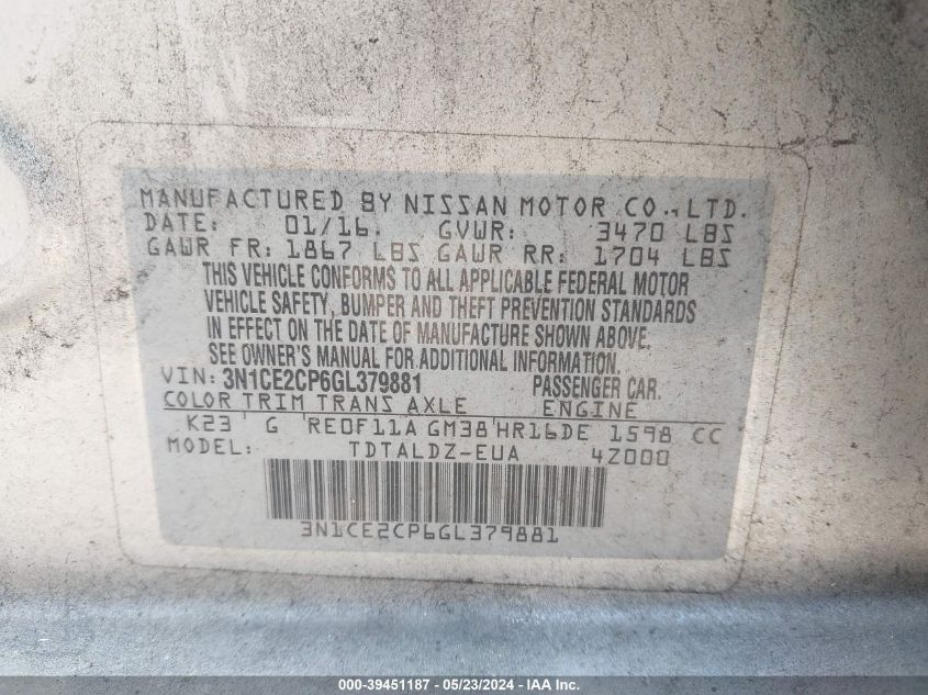 2016 Nissan Versa Note S (Sr)/S Plus/Sl/Sr/Sv VIN: 3N1CE2CP6GL379881 Lot: 39451187