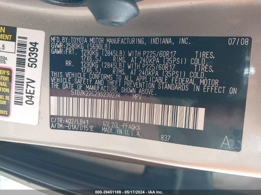 2009 Toyota Sienna Xle VIN: 5TDZK22C29S230234 Lot: 39451189