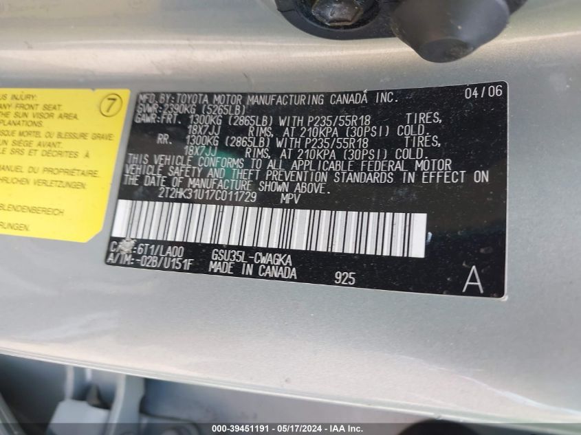 2007 Lexus Rx 350 VIN: 2T2HK31U17C011729 Lot: 39451191