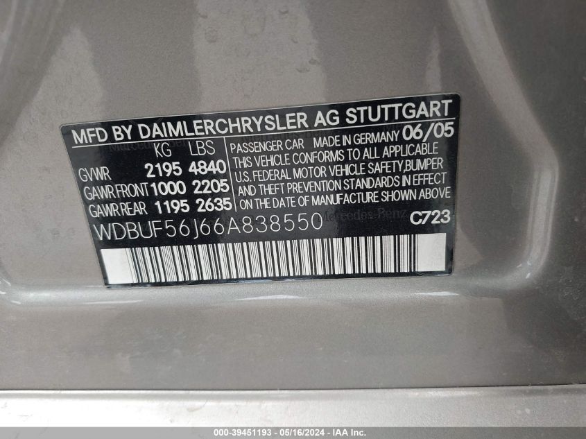 2006 Mercedes-Benz E 350 VIN: WDBUF56J66A838550 Lot: 39451193