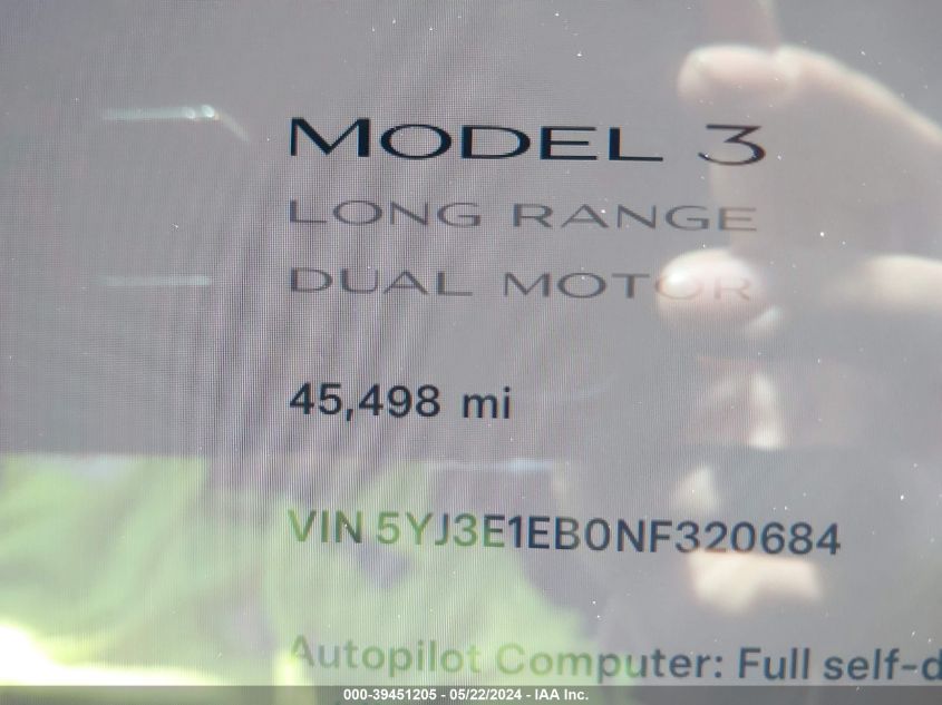 2022 Tesla Model 3 Long Range Dual Motor All-Wheel Drive VIN: 5YJ3E1EB0NF320684 Lot: 39451205