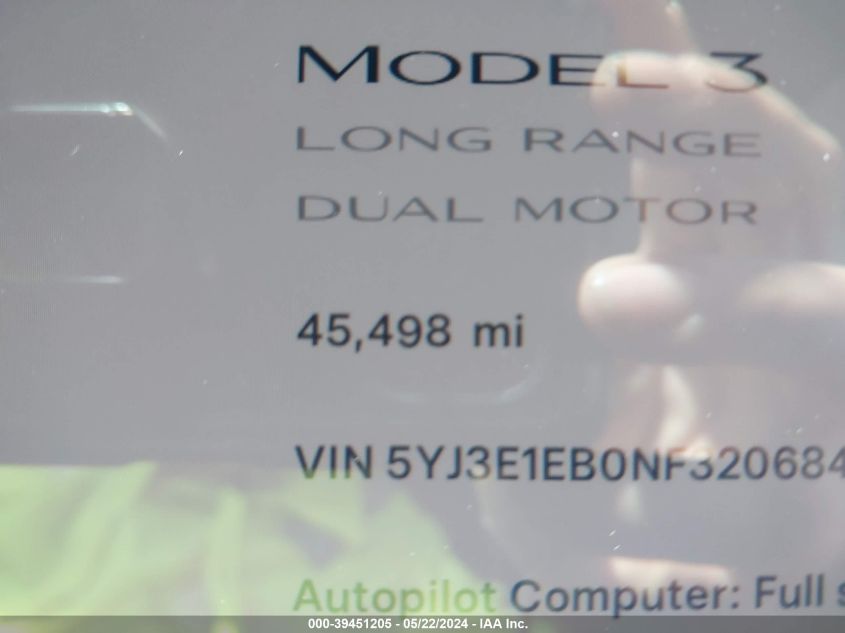 2022 Tesla Model 3 Long Range Dual Motor All-Wheel Drive VIN: 5YJ3E1EB0NF320684 Lot: 39451205