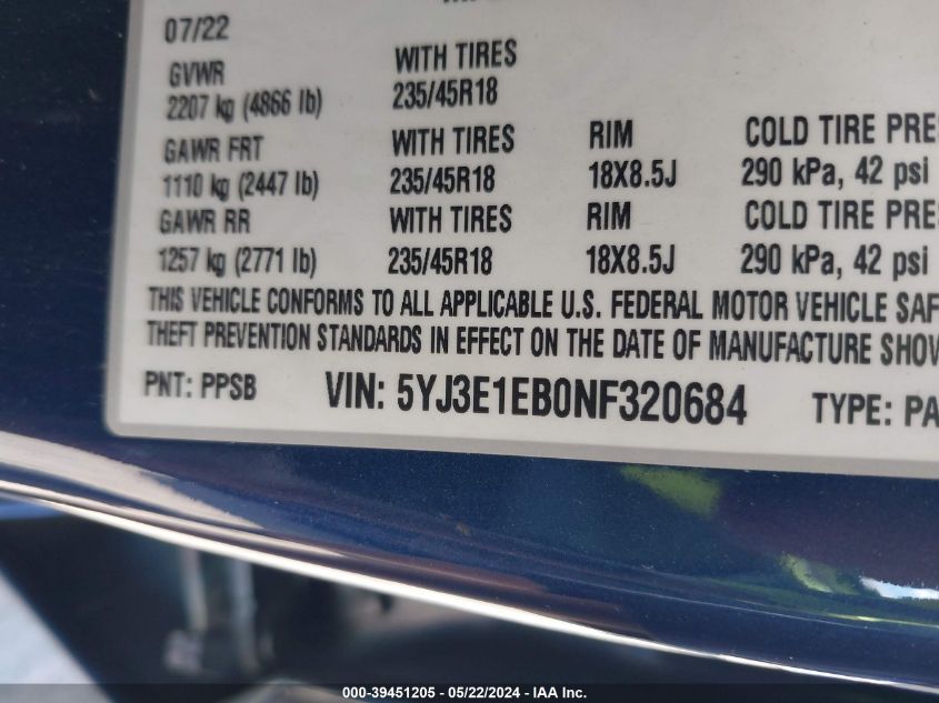 2022 Tesla Model 3 Long Range Dual Motor All-Wheel Drive VIN: 5YJ3E1EB0NF320684 Lot: 39451205