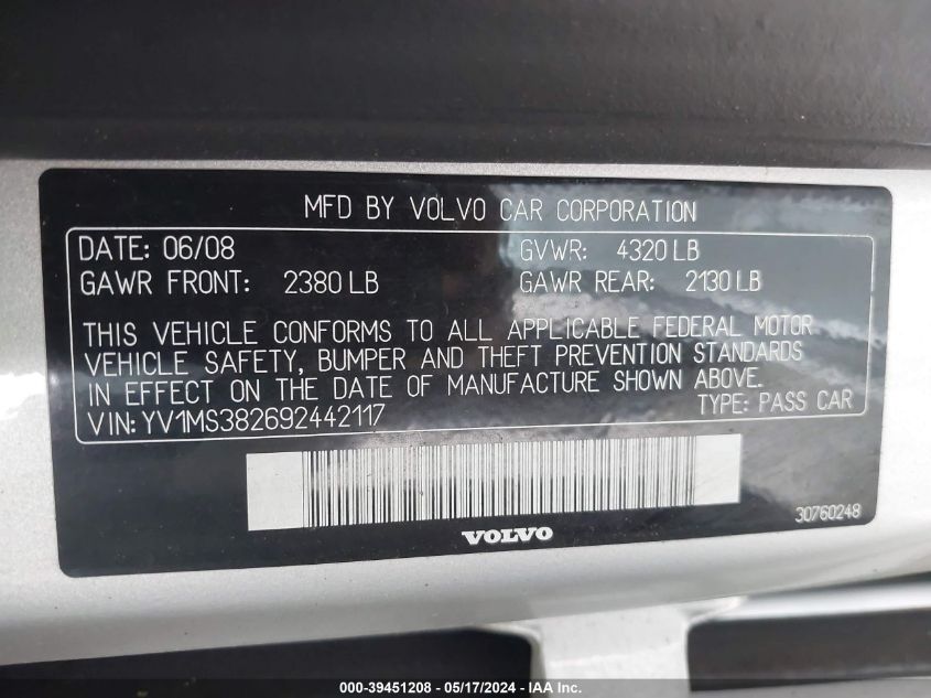 2009 Volvo S40 2.4I VIN: YV1MS382692442117 Lot: 39451208