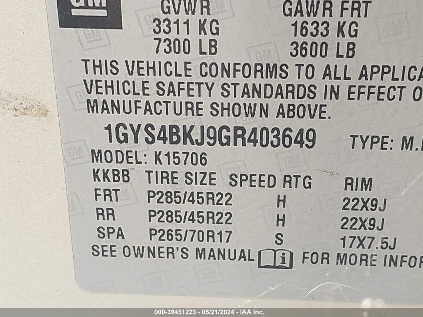 2016 CADILLAC ESCALADE LUXURY COLLECTION - 1GYS4BKJ9GR403649