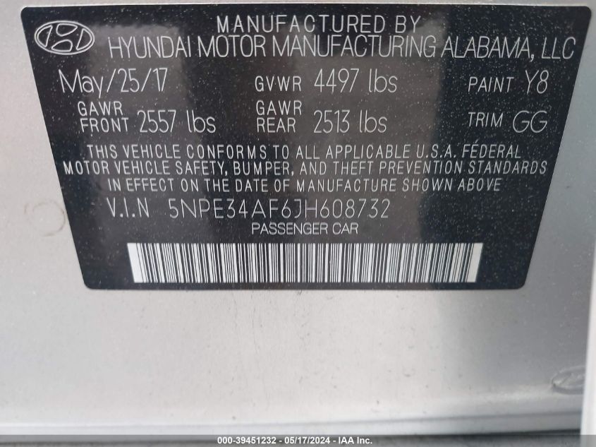 2018 Hyundai Sonata Limited VIN: 5NPE34AF6JH608732 Lot: 39451232