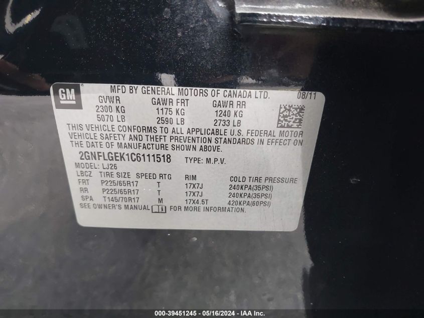 2012 Chevrolet Equinox Ltz VIN: 2GNFLGEK1C6111518 Lot: 39451245