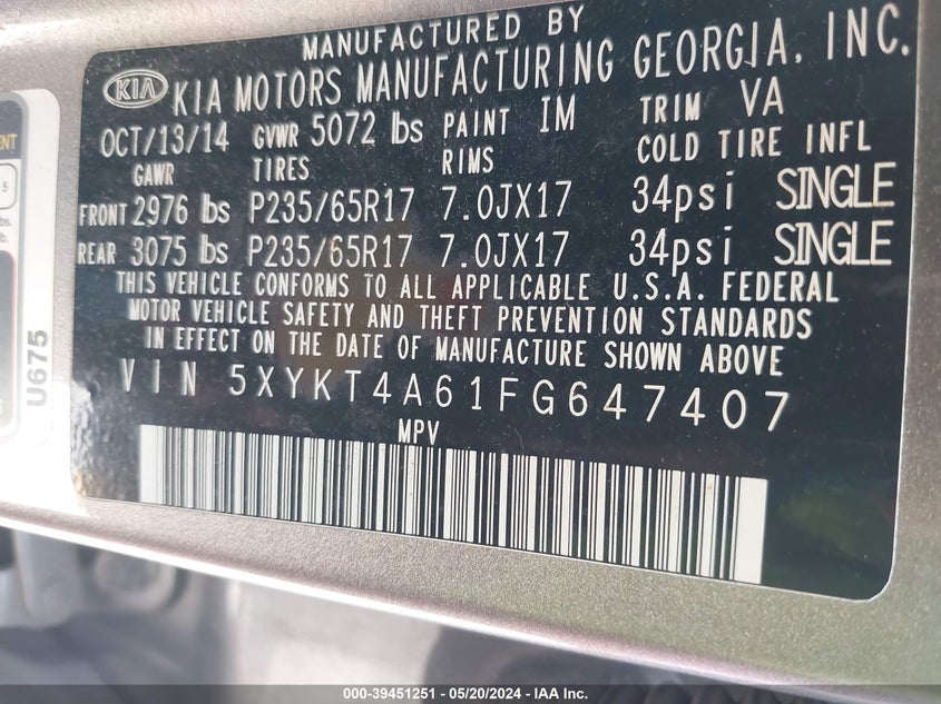 2015 Kia Sorento Lx VIN: 5XYKT4A61FG647407 Lot: 39451251
