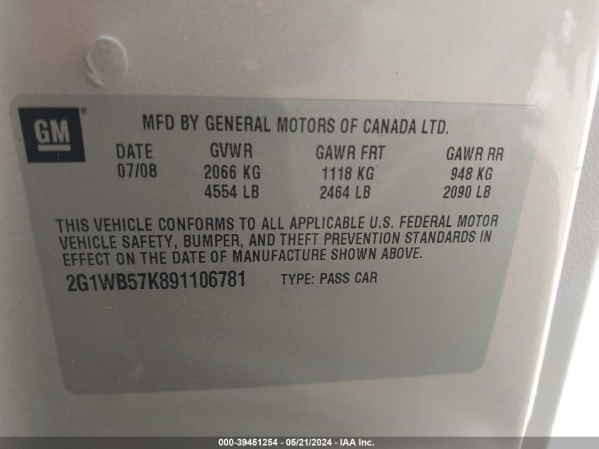 2009 Chevrolet Impala Ls VIN: 2G1WB57K891106781 Lot: 39451254