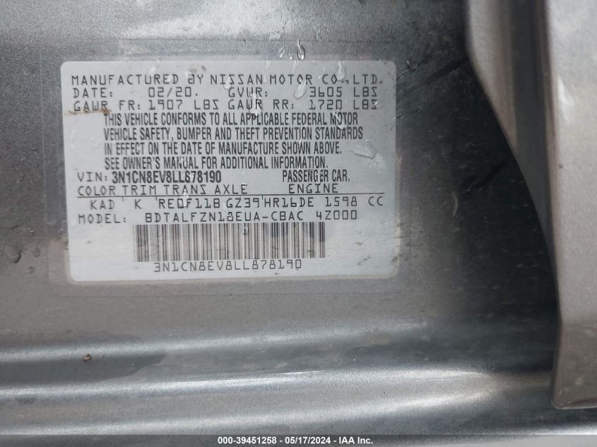 2020 Nissan Versa Sv Xtronic Cvt VIN: 3N1CN8EV8LL878190 Lot: 39451258