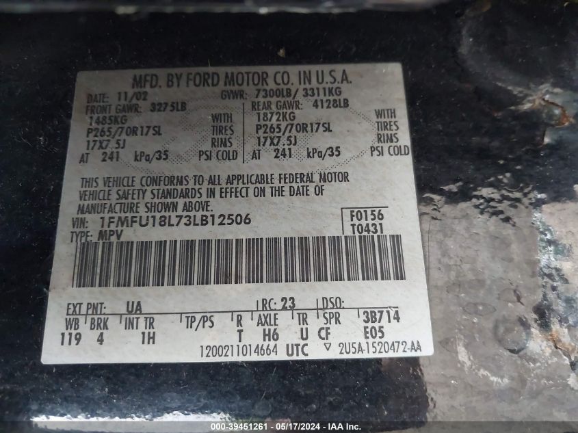 2003 Ford Expedition Eddie Bauer VIN: 1FMFU18L73LB12506 Lot: 39451261