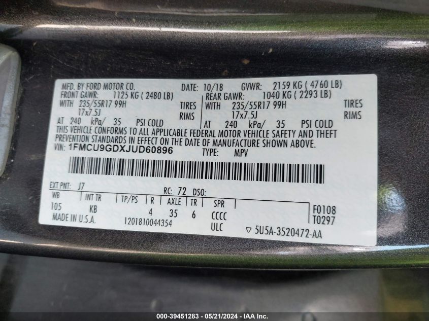 2018 Ford Escape Se VIN: 1FMCU9GDXJUD60896 Lot: 39451283