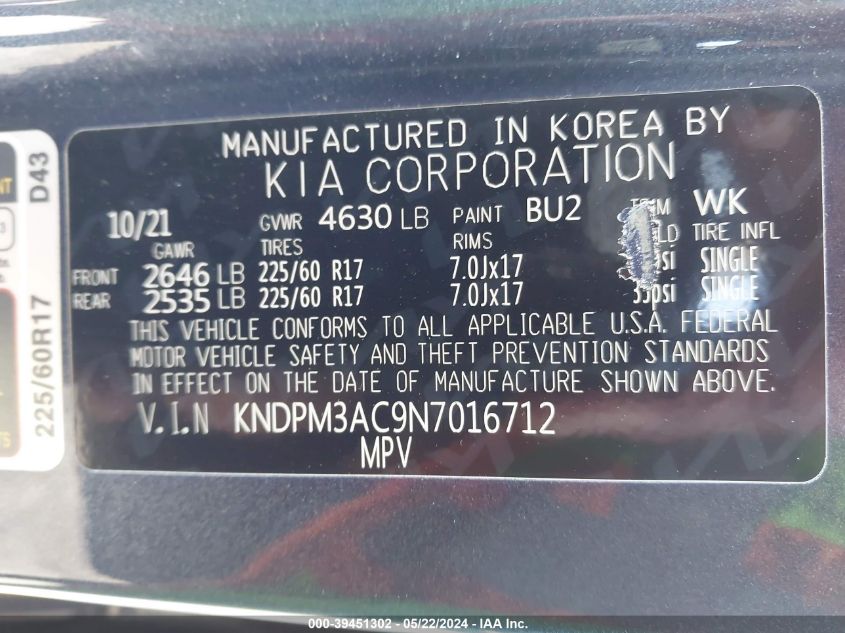 2022 Kia Sportage Lx VIN: KNDPM3AC9N7016712 Lot: 39451302