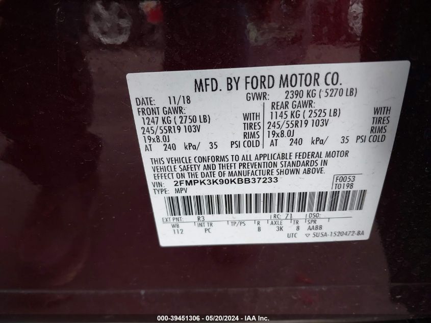 2019 Ford Edge Titanium VIN: 2FMPK3K90KBB37233 Lot: 39451306