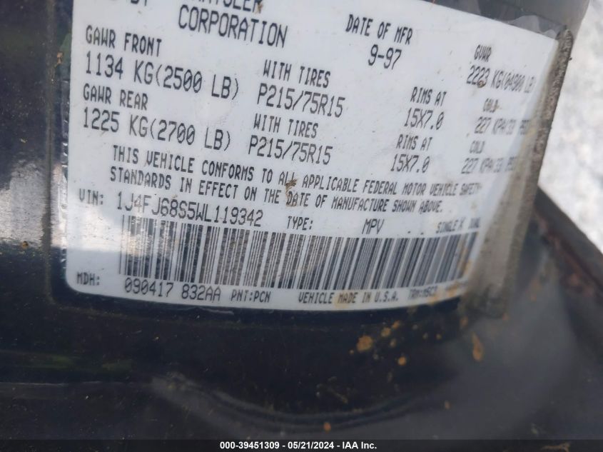 1998 Jeep Cherokee Classic/Limited/Sport VIN: 1J4FJ68S5WL119342 Lot: 39451309