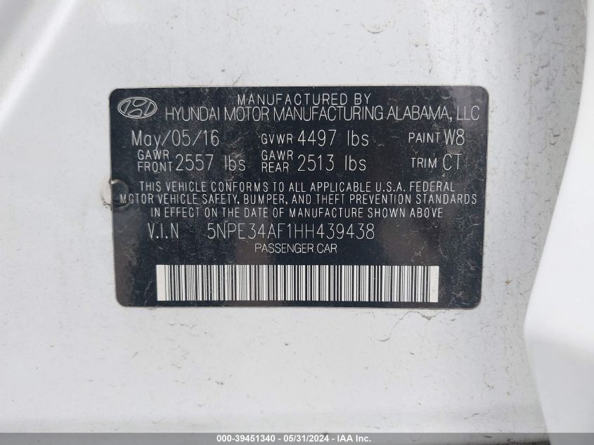 2017 Hyundai Sonata Sport VIN: 5NPE34AF1HH439438 Lot: 39451340